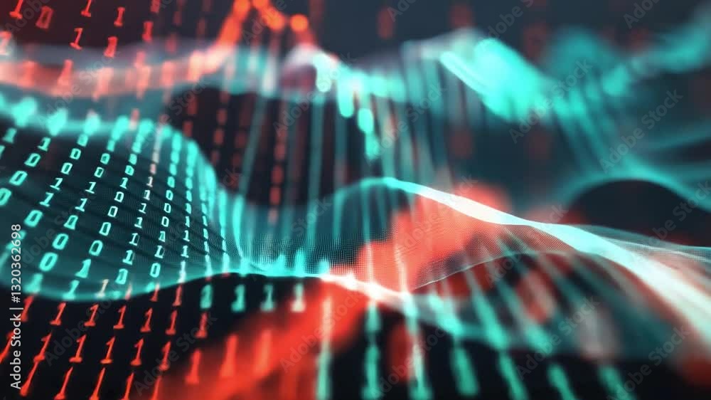 Poster dynamic digital landscape of binary code glowing lines and abstract waves representing data, technol