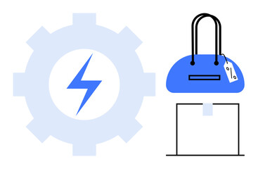 Obraz premium Blue handbag with price tag displayed on a stand next to a gear icon featuring a lightning bolt. Ideal for retail technology, fashion innovation, e-commerce, branding, shopping, digital trends