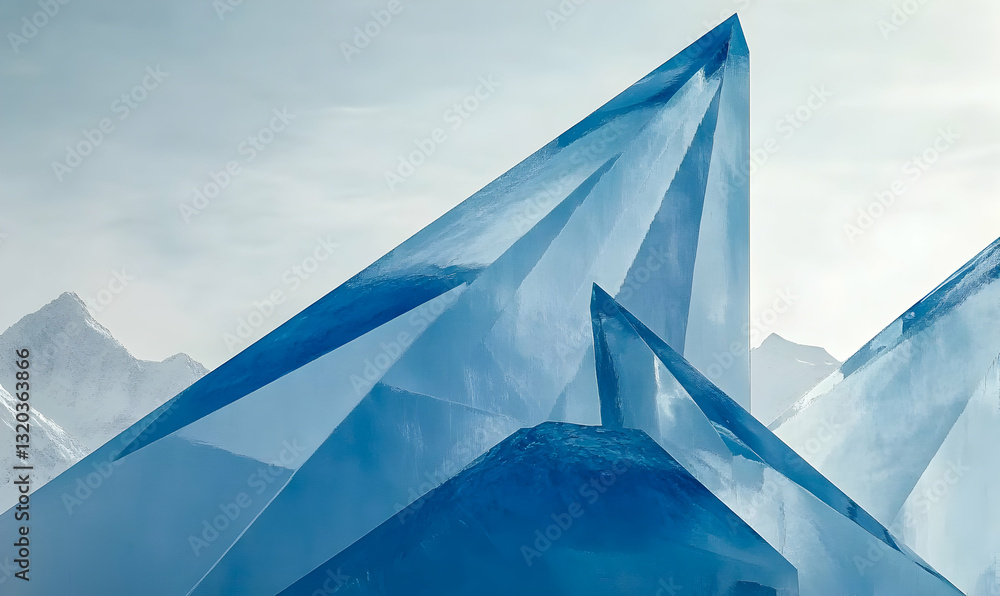Aufkleber abstract ice sculpture against snowy mountain backdrop. stunning blue hues and sharp geometric forms