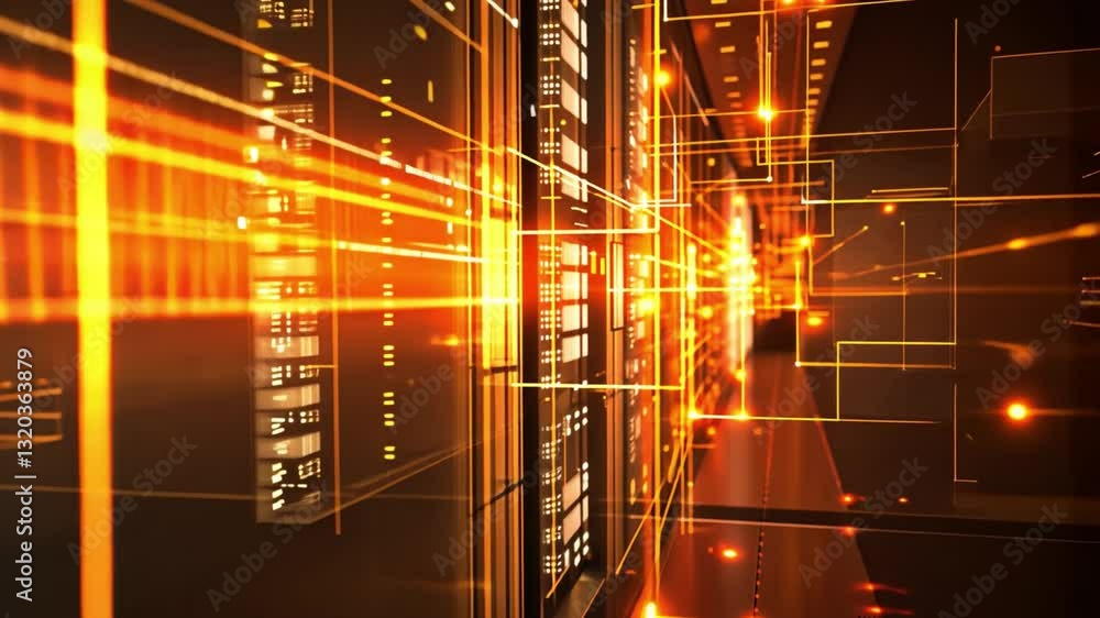 Poster futuristic data center with glowing orange lights and digital lines showcasing high tech technology 