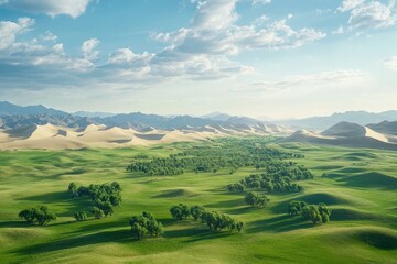 Fototapeta premium Vast green valley nestled beside sand dunes, under a bright sky. Illustrates the contrast of nature, perfect for travel or environmental themes.