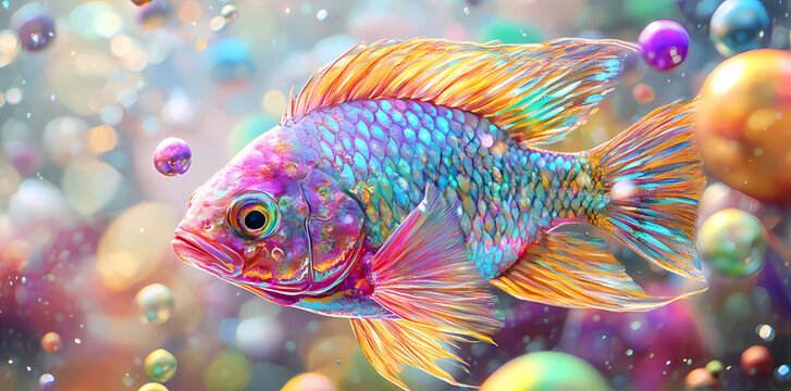 Vibrant Fantasy Fish: A vividly colored fantasy fish swims amidst a sea of iridescent bubbles, its scales shimmering with a multitude of hues, creating a surreal and magical underwater world.