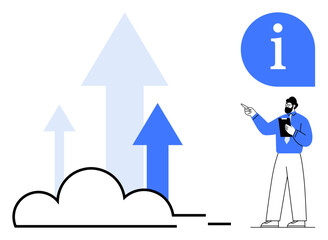 Growth arrows rising from cloud as a business professional with a tablet points at a blue info icon. Ideal for cloud computing, data analysis, trends, consulting, innovation, business strategy, flat