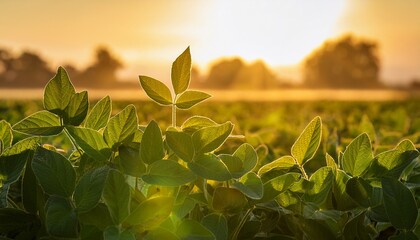 morning sun peeking through soy leaves in early summer morning