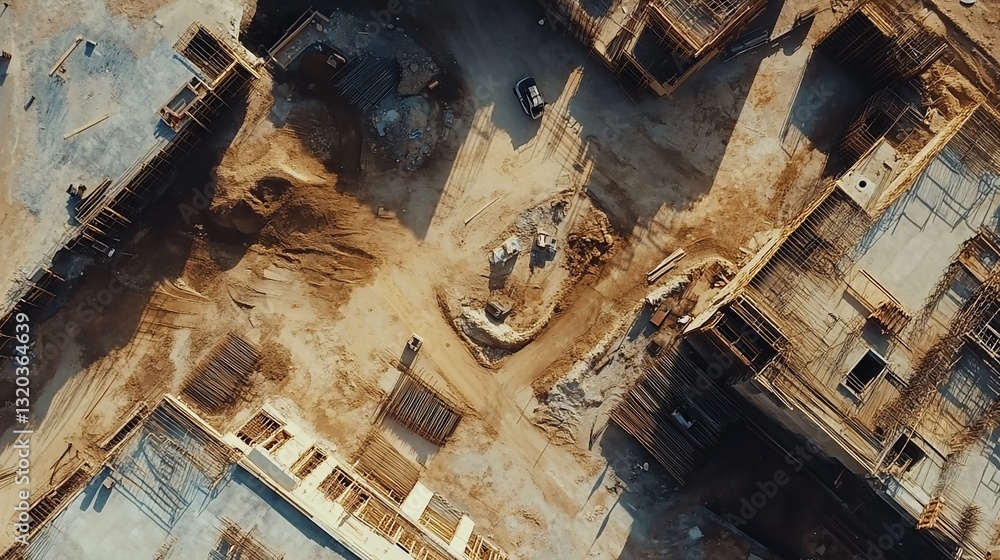 Poster aerial view of a construction site showing building foundation and framework