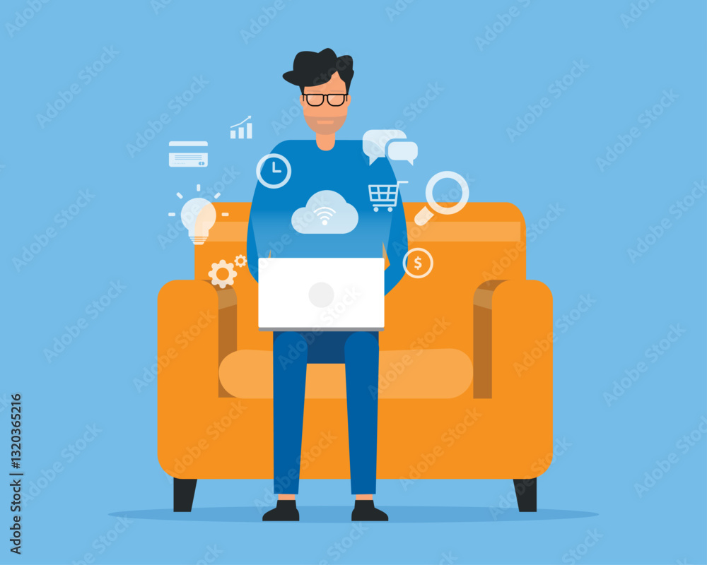 Poster flat illustration a man working from home on sofa concept and business smart working online any workplace with remotely technology working concept.
