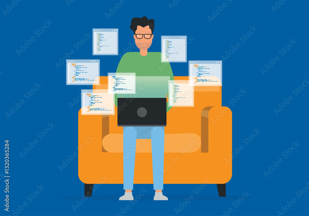 Poster freelance software development working from home on the sofa. a man coding and programming for mobile application and website development concepts. flat vector illustration design.
