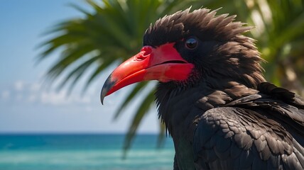 Obraz premium Majestic Frigatebird Resting on Cliff side as the Sun Sets Over the Beach
