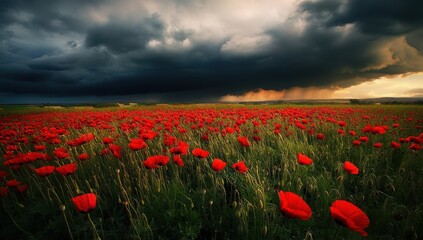 Obraz premium Vibrant Red Poppies Under Dramatic Dark Clouds in a Scenic Field Landscape with Approaching Storm and Grassland Background