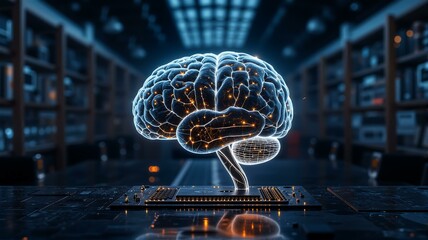 Holographic brain on computer chip with libraries in background.