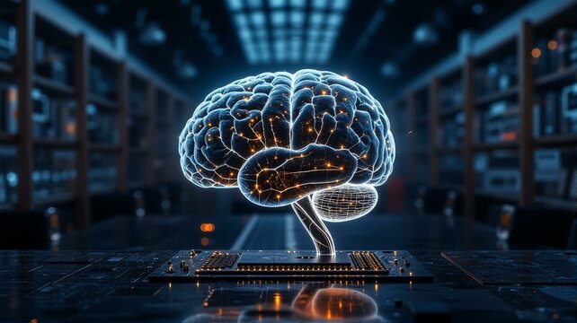 Holographic brain on computer chip with libraries in background.
