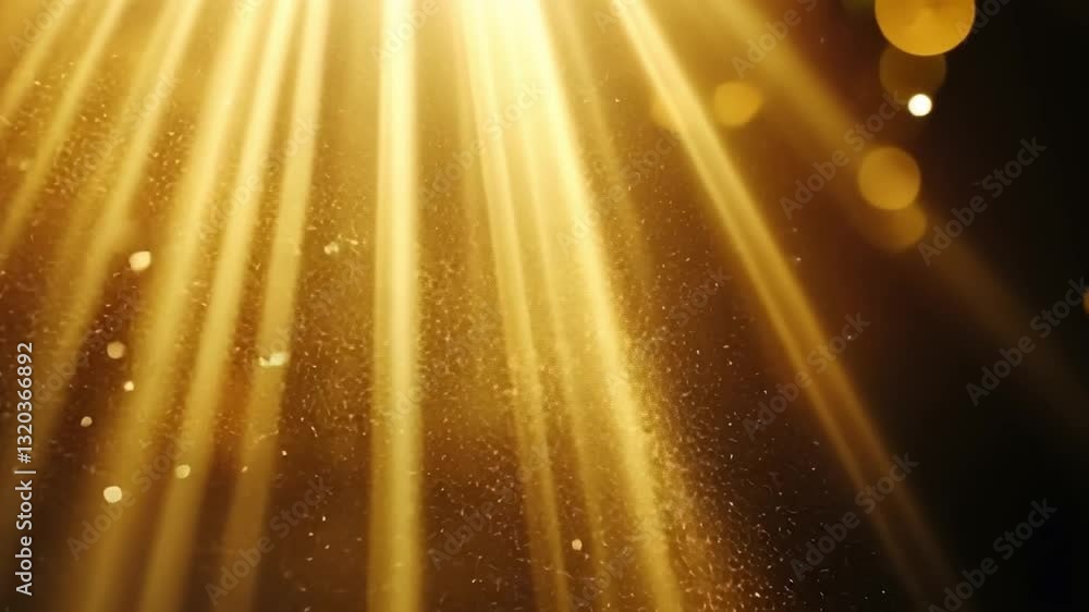 Poster golden light beams shine through dark background creating magical and ethereal atmosphere with float
