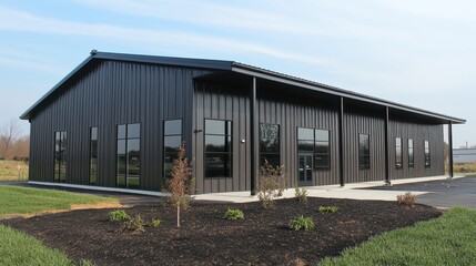 Obraz premium Modern black metal building with large windows. Ideal for showcasing industrial, commercial, or architectural designs.