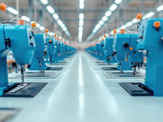 Obraz premium A row of blue sewing machines in a modern textile factory interior.