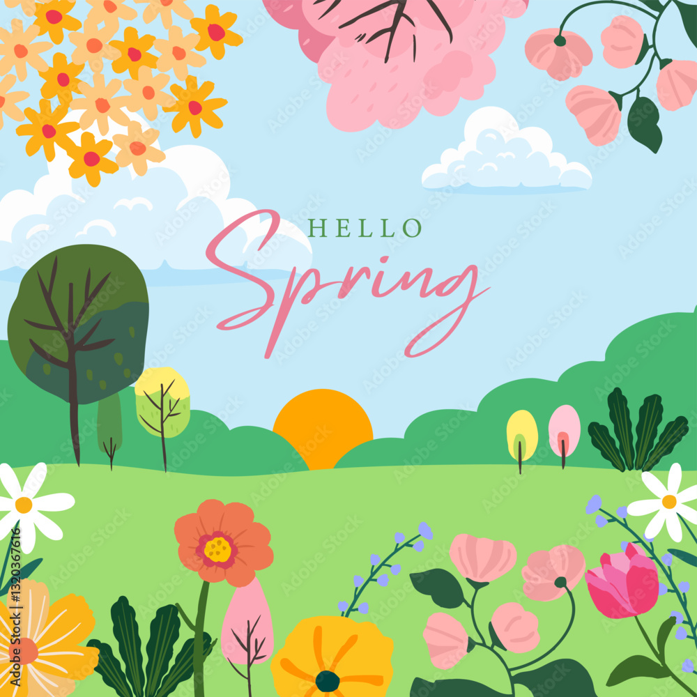 Wall mural spring landscape background with mountain and tree for square design
