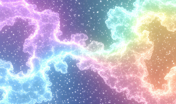 Dreamlike pastel rainbow nebula, sparkling stardust, cosmic fantasy background. Ideal for website banners, social media, or whimsical designs.