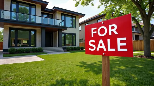 Real estate for sale sign in front of a new home. A cinematic view of the real estate for sale sign in front of a modern home.