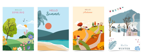Four season holiday landscape background with mountain and tree for a4 vertical design