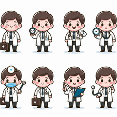 Variety of cheerful cartoon doctors in different poses and with tools