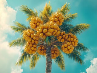 Vibrant Tropical Palm Tree with Abundant Yellow Fruits Against a Bright Blue Sky, Perfect for Nature and Travel Concepts