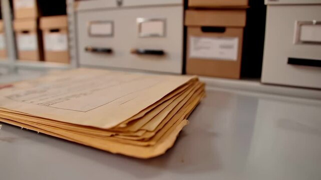 Stack of papers on a table with a filing cabinet in the background. The papers are old and yellowed, and the filing cabinet is full of boxes. The scene suggests a sense of organization and order