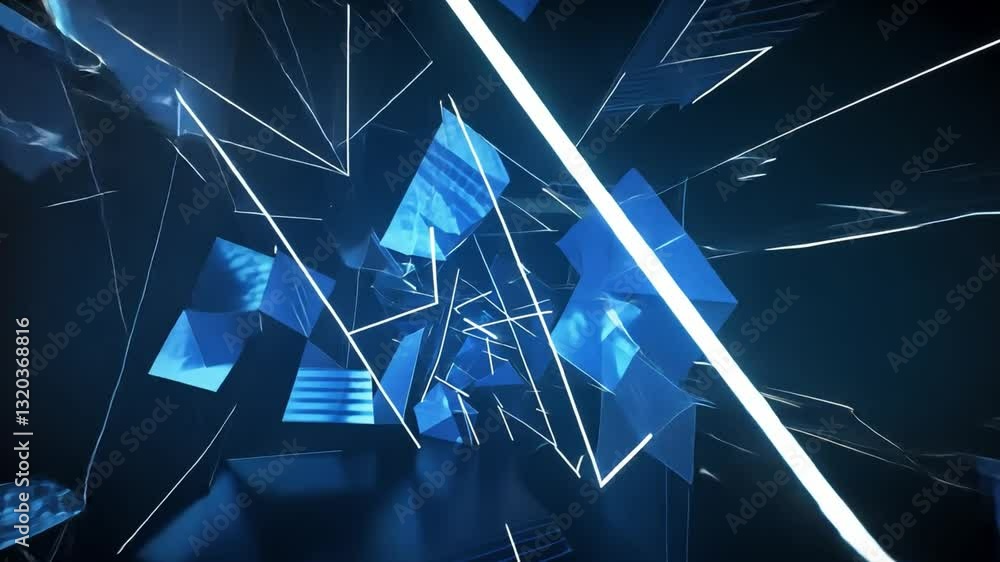 Poster dynamic digital abstract art blue geometric shapes, lines, and angles create futuristic and energeti