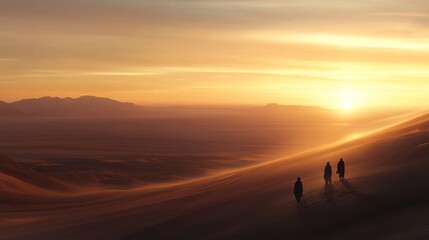 Fototapeta premium a group of people walking in a desert during sunset.