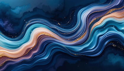 Mystic Blue Wave Abstract Wallpaper with Golden Accents