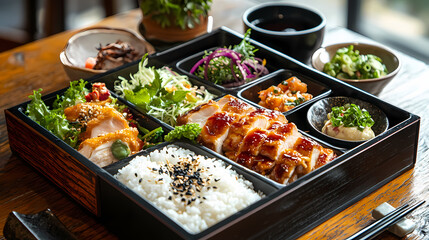 Obraz premium Japanese Bento Box Delight: a visually rich, appetizing arrangement of traditional Japanese cuisine, including a variety of colorful, flavorful dishes, carefully presented in a stylish bento box.