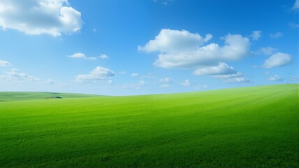 Fototapeta premium Lush green field with clouds in sky.