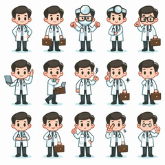 Collection of charming cartoon doctor characters with various poses and expressions