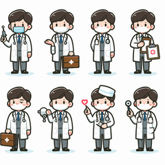 Cartoon Doctor Set with Various Poses and Medical Equipment for Healthcare Designs