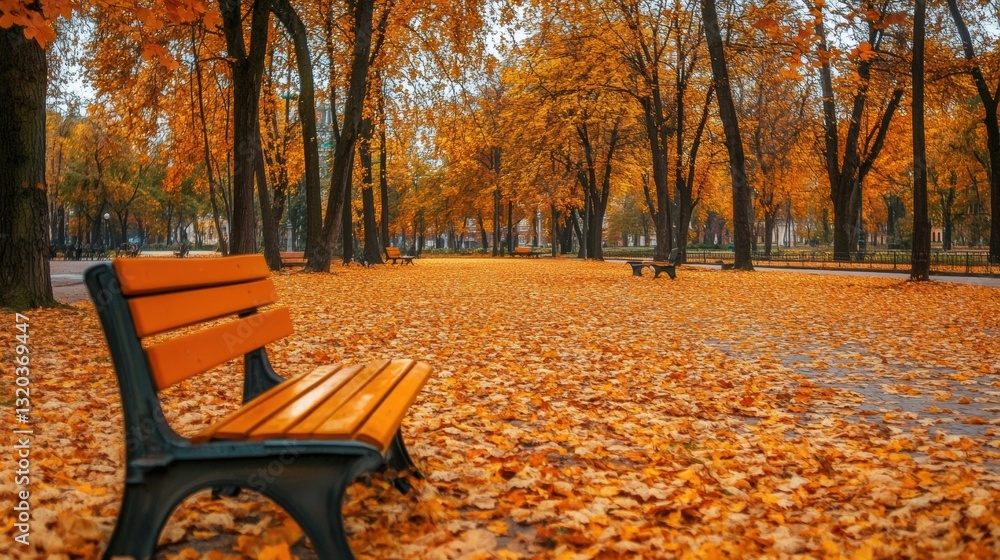 Poster vibrant orange leaves blanket the park during autumn, creating a stunning natural backdrop with a tr