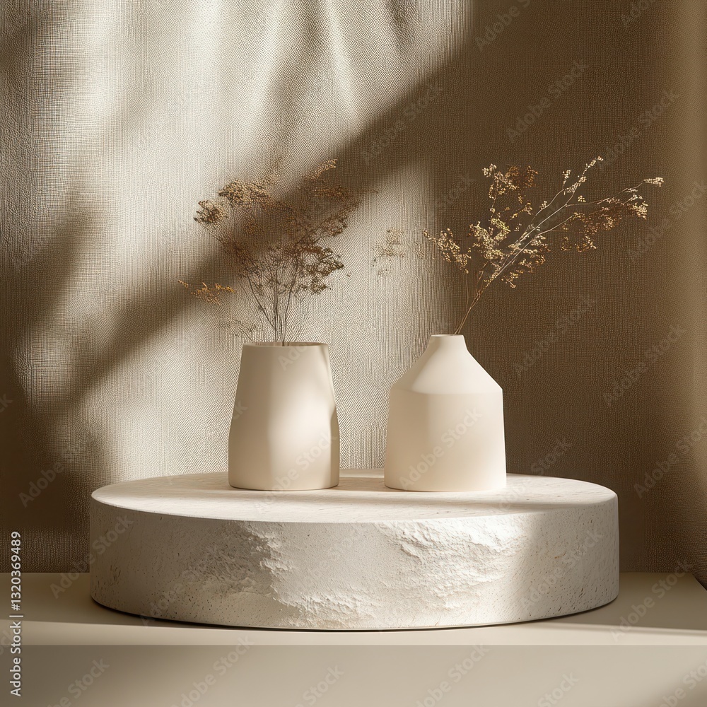 Poster minimalist product display scene with stone pedestal round platform in neutral tones soft lighting a