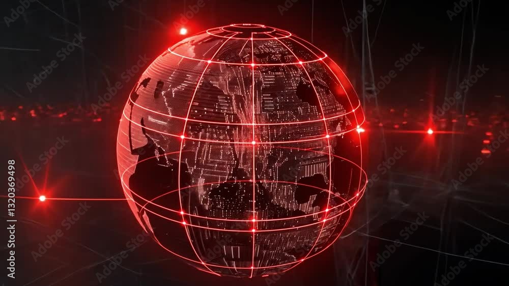 Poster glowing red digital globe with lines and dots represents global connectivity and technology futurist