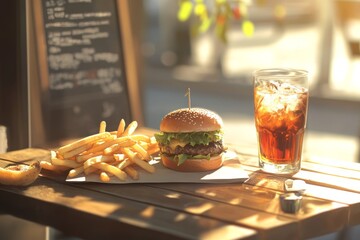 burger, fries and drink on a wooden table near a window.
