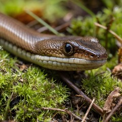 Obraz premium Sunlit Escape: A Slow Worm Peeks from the Moss into the Warm Light