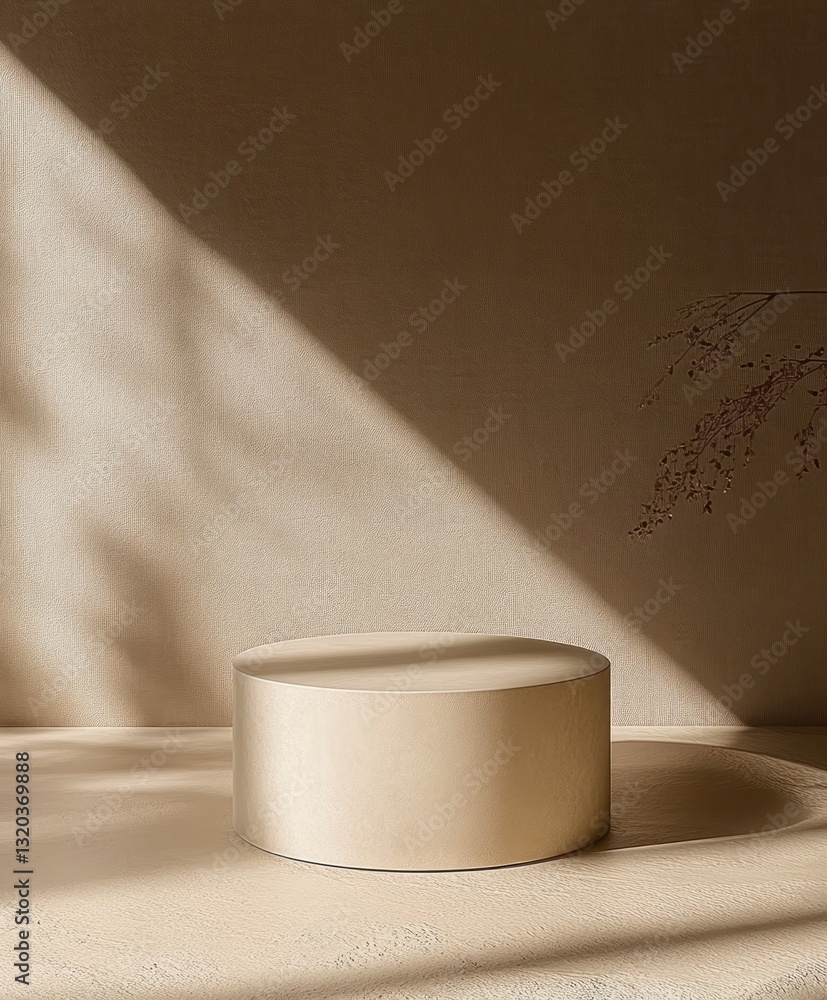 Poster minimalist beige platform display for product showcase in empty room with natural light and geometri