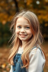 Naklejka premium Smiling Young Girl with Long Hair in Autumn Park Setting