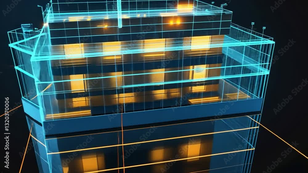 Poster digital rendering of modern building design showcases futuristic architectural concept with glowing 