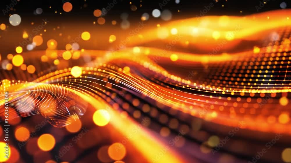 Poster vibrant abstract vdo featuring glowing orange and yellow light waves with bokeh effects, creating dy