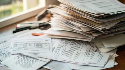 An untidy desk holding a large pile of paperwork documents