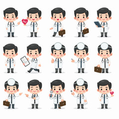 Cute doctor cartoon character collection in different poses for medical design