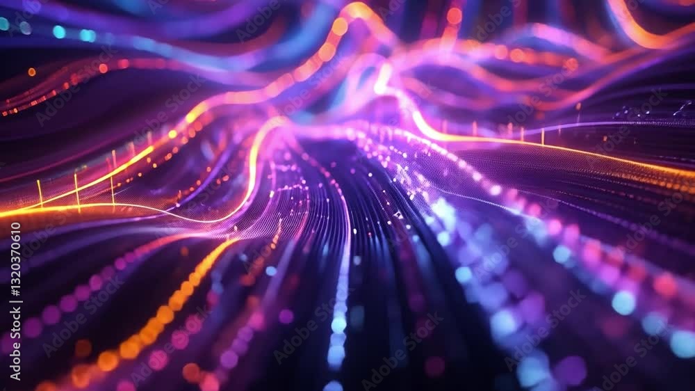 Poster vibrant digital abstract background with flowing lines and glowing dots purple and orange, creating 