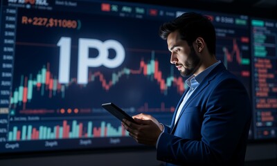Man looking at phone in front of stock market screen.