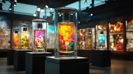 Colorful Glass Displays of Perfume Bottles in Modern Art Gallery