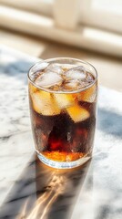 a glass of cold drink with ice cubes.