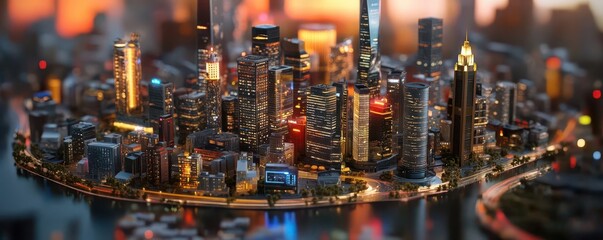 Fototapeta premium Aerial View of a Modern City Skyline at Dusk with Bright Lights