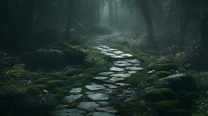 pathway covered in moss, leading deeper into a mystical green forest 