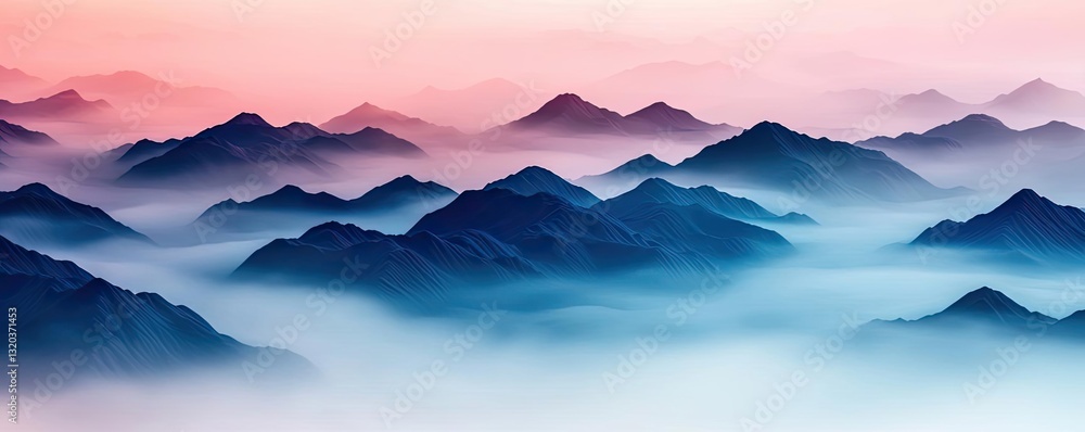 Poster aerial landscape abstract background concept. serene misty mountains bathed in dawn's soft light, cr